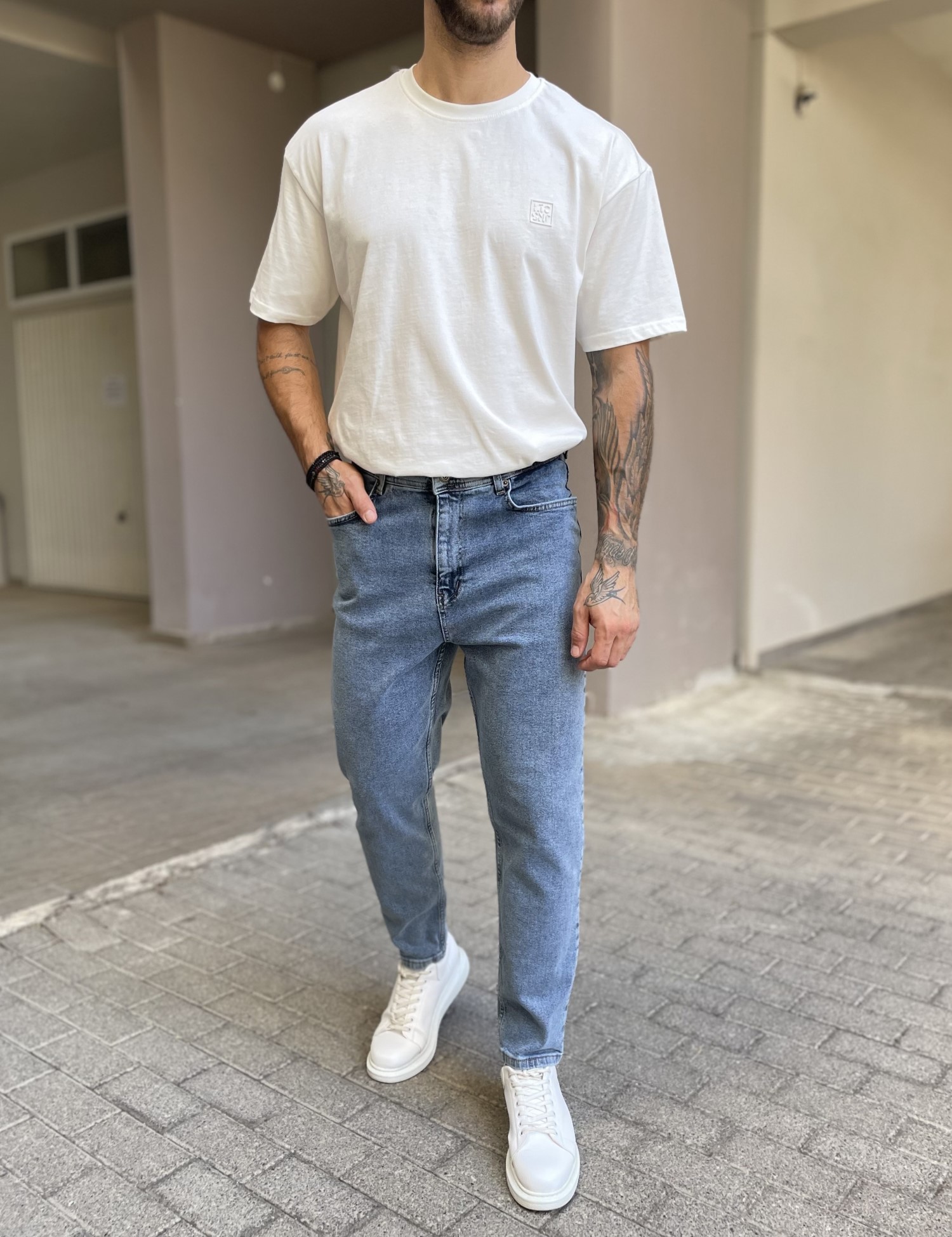 Ανδρικό μπλε πλυμένο ελαστικό loose τζιν πεντάτσεπο με φερμουάρ G88103 φωτογραφία